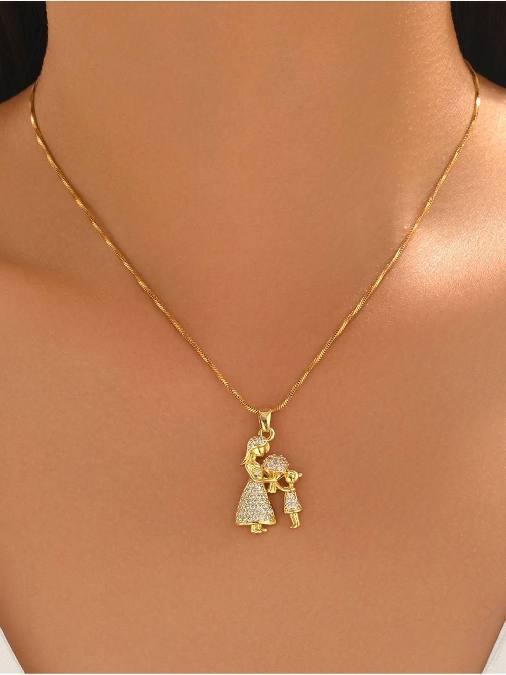 Gold Mother and Child Pendant Necklace - Women Jewelry